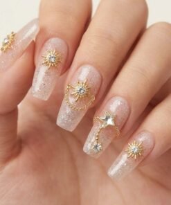 Glittering Pink and Gold Press-On Nails with Charm Accents