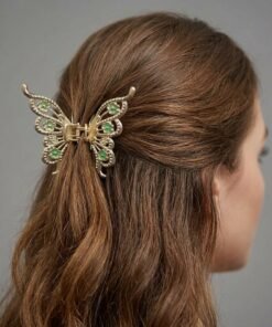 Gold Green Floral Enamel Butterfly Metal Hair Claw Clip
