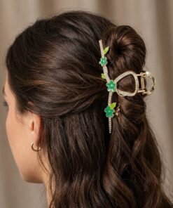Gold Rhinestone & Green Enamel Floral Hair Claw Clip