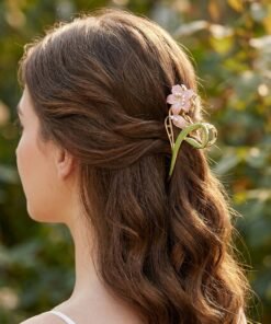 Pink Enamel Flower Gold Metal Hair Claw Clip