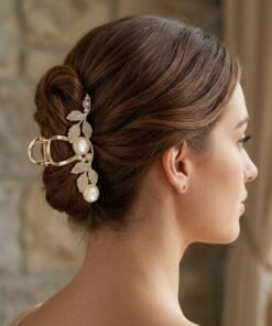 Gold Rhinestone Leaf & Pearl Metal Hair Claw Clip
