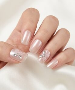 Cat-Eye Pearlescent Glazed Press-On Nails with 3D Crystal Flower Accents