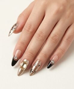 Cat-Eye Black French Tip and Gold Metallic Press-On Nails with Statement Crystal