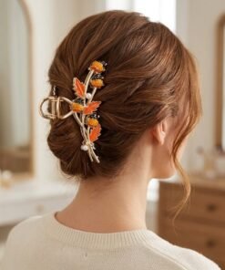 Gold Enamel Orange Berry & Pearl Metal Hair Claw Clip