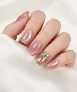 Cat-Eye Pink Press-On Nails with Statement Rhinestone Accent