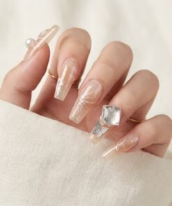 Cat-Eye Shimmering Nude Press-On Nails with 3D Butterfly and Crystal Accents