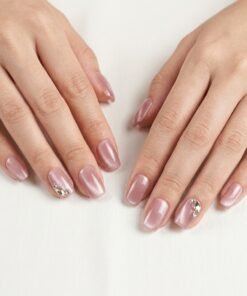 Cat-Eye Pink Press-On Nails with Rhinestone Cluster Accents