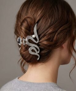 Silver Rhinestone Swirl & Pearl Metal Hair Claw Clip