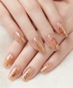 Cat-Eye Nude Press-On Nails with Gold Foil and Red Marble Accents