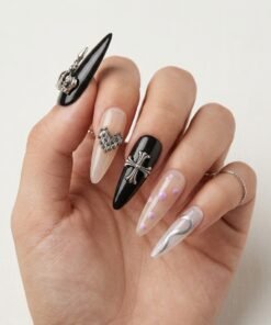 Cat-Eye Gothic Black and Nude Stiletto Press-On Nails with Silver Charms