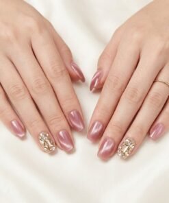 Cat-Eye Pink Press-On Nails with Dazzling Rhinestone Cluster Accents