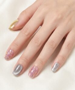 Cat-Eye Silver and Pink Press-On Nails with 3D Floral Accents