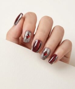 Cat-Eye Deep Red Press-On Nails with Silver Textured Crystal Accents