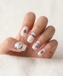 Cat-Eye Shimmering White Press-On Nails with Sanrio Hello Kitty and Monogram Motifs