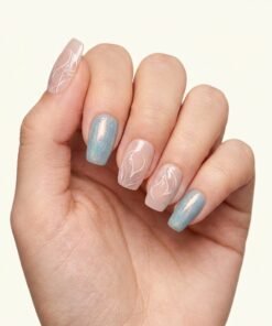Cat-Eye Blue and Nude Press-On Nails with Shimmer and White Line Art