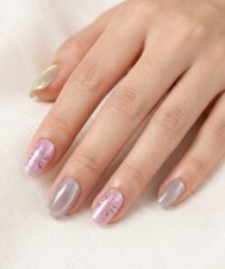 Cat-Eye Purple and Silver Press-On Nails with 3D Floral Accents