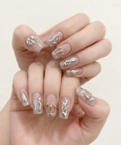 Cat-Eye Nude Press-On Nails with 3D Silver Metallic Liquid Accents