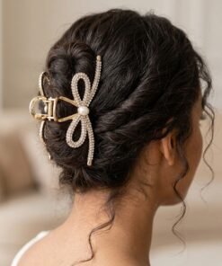 Gold Rhinestone Bow & Pearl Metal Hair Claw Clip