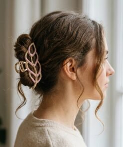 Pink Enamel Gold Leaf Metal Hair Claw Clip