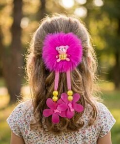 Fluffy Teddy Bear and Floral Ribbon Hair Bands Set (Pack of 10)