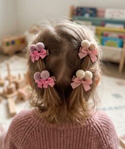 Fluffy Pom-Pom and Ribbon Bow Hair Clips Set of 4