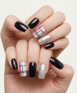 Black, Pink Plaid, and Silver Glitter Press-On Nails (24 Nails in Pack)