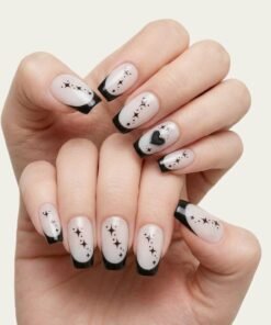 Black French Tip Press-On Nails with Celestial Stars and Heart Accent (24 Nails in Pack)