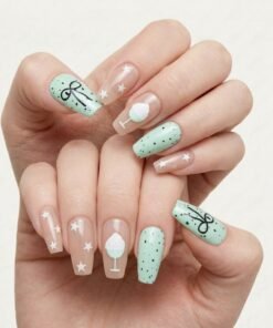 Mint Green and Nude Press-On Nails with Bows, Stars, and Ice Cream Motifs (24 Nails in Pack)