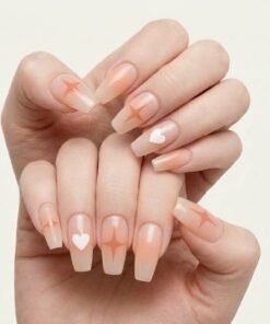 Nude Ombre Press-On Nails with Celestial Stars and White Hearts (24 Nails in Pack)