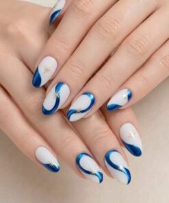 White and Metallic Blue Swirl Press-On Nails with Gold Stars (24 Nails in Pack)