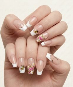 White French Tip and Floral Bee Press-On Nails (24 Nails in Pack)