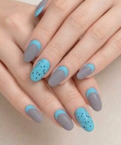 Gray and Blue French Tip Press-On Nails with Speckled Accent (24 Nails in Pack)