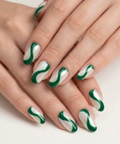 White and Green Swirl Press-On Nails (24 Nails in Pack)