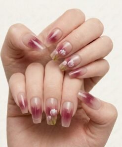 Nude and Berry Ombre Press-On Nails with Hand-Painted White Tulips (24 Nails in Pack)