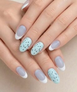 White French Tip and Speckled Robin Egg Blue Press-On Nails (24 Nails in Pack)