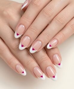 White French Tip Press-On Nails with Pink Heart Accents (24 Nails in Pack)