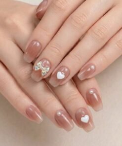 Nude Ombre Press-On Nails with Iridescent Bows, White Hearts, and Pearls (24 Nails in Pack)