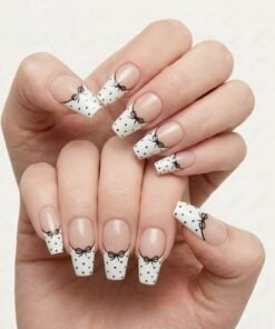 White Polka Dot and Black Bow French Tip Press-On Nails (24 Nails in Pack)