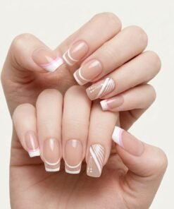Nude Press-On Nails with White French Tips and Artistic Line Art Accents (24 Nails in Pack)