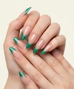 Green Glitter French Tip Almond Press-On Nails (24 Nails in Pack)