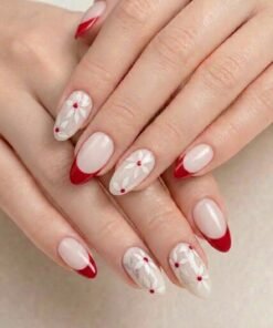 Red French Tip and White Floral Press-On Nails (24 Nails in Pack)