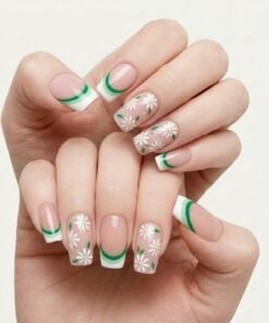 Green and White Floral French Tip Press-On Nails (24 Nails in Pack)