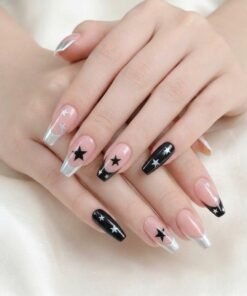 Black and Silver Celestial Star Press-On Nails (24 Nails in Pack)